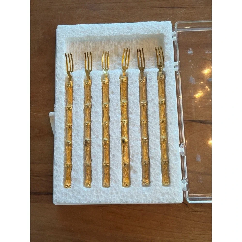 Vintage Florentine Gold Plated Faux Bamboo Hors d'Oeuvres Appetizer Forks - Set